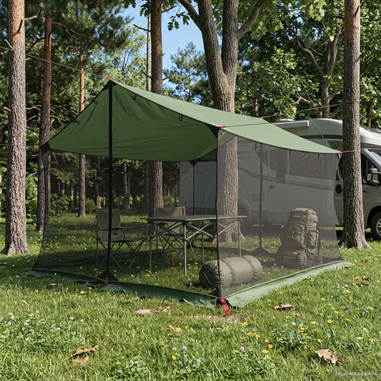 vidaXL Camping Tarp with Mesh Walls Green 340 x 260 x 220 cm
