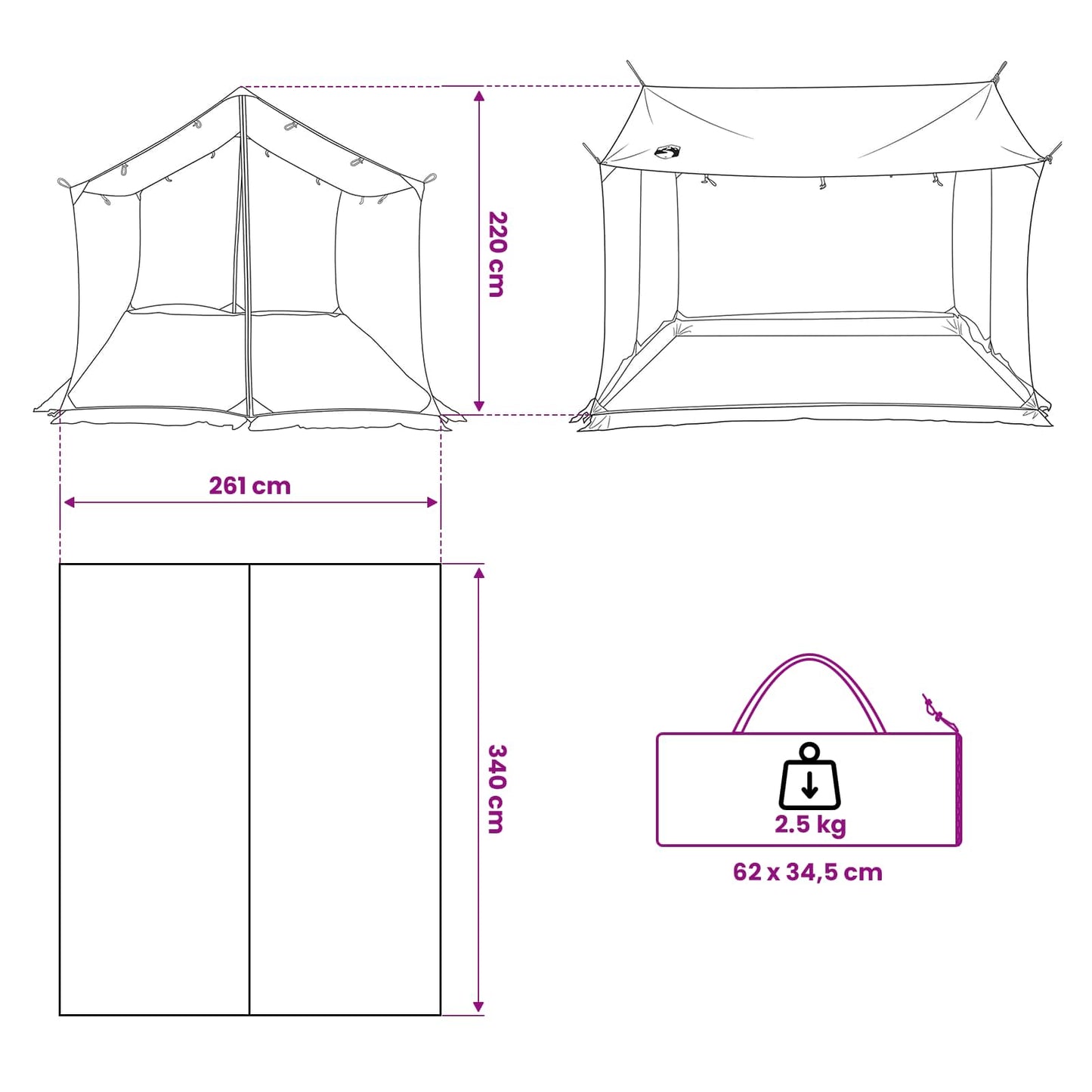 vidaXL Camping Tarp with Mesh Walls Army Green 340 x 260 x 220 cm