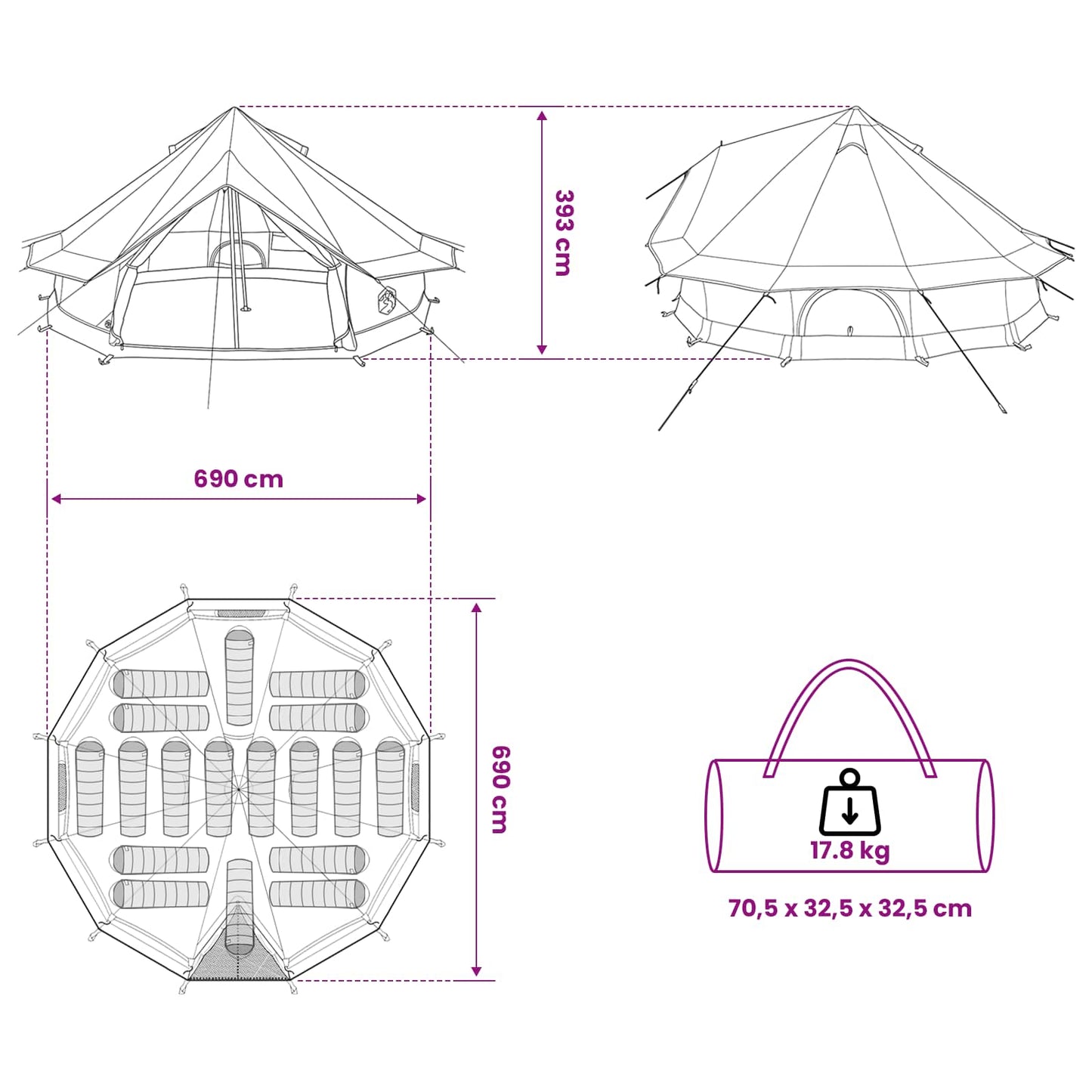 vidaXL Tipi Tent Army Green 700 x 700 x 395 cm Polyester and Steel