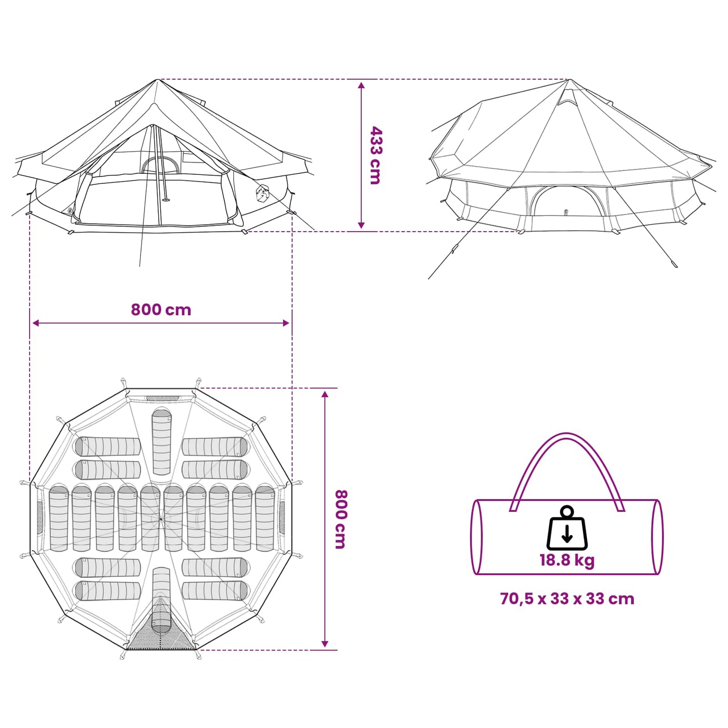 vidaXL Tipi Tent with Roof Grey and Orange 800 x 800 x 430 cm