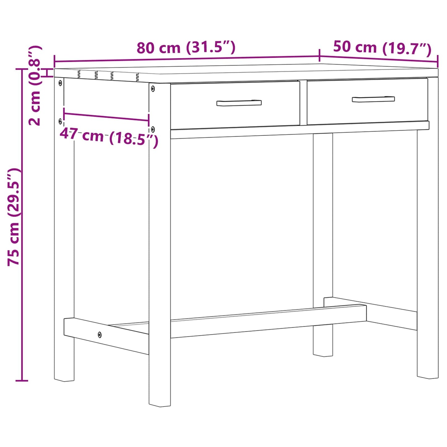 vidaXL Desk with Drawers Natural Solid Teak Wood 80 x 50 x 75 cm