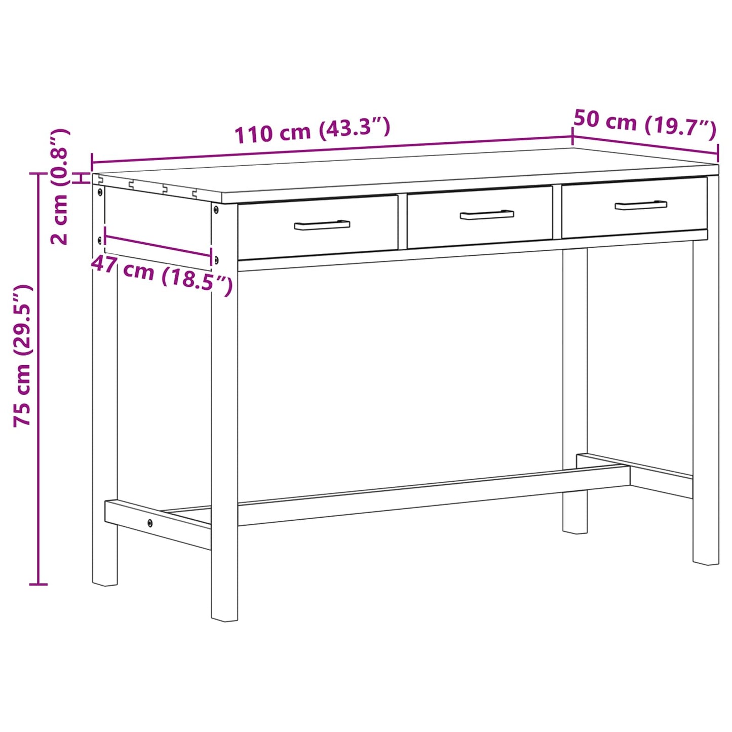 vidaXL Desk with Drawers Natural Solid Teak Wood 110 x 50 x 75 cm