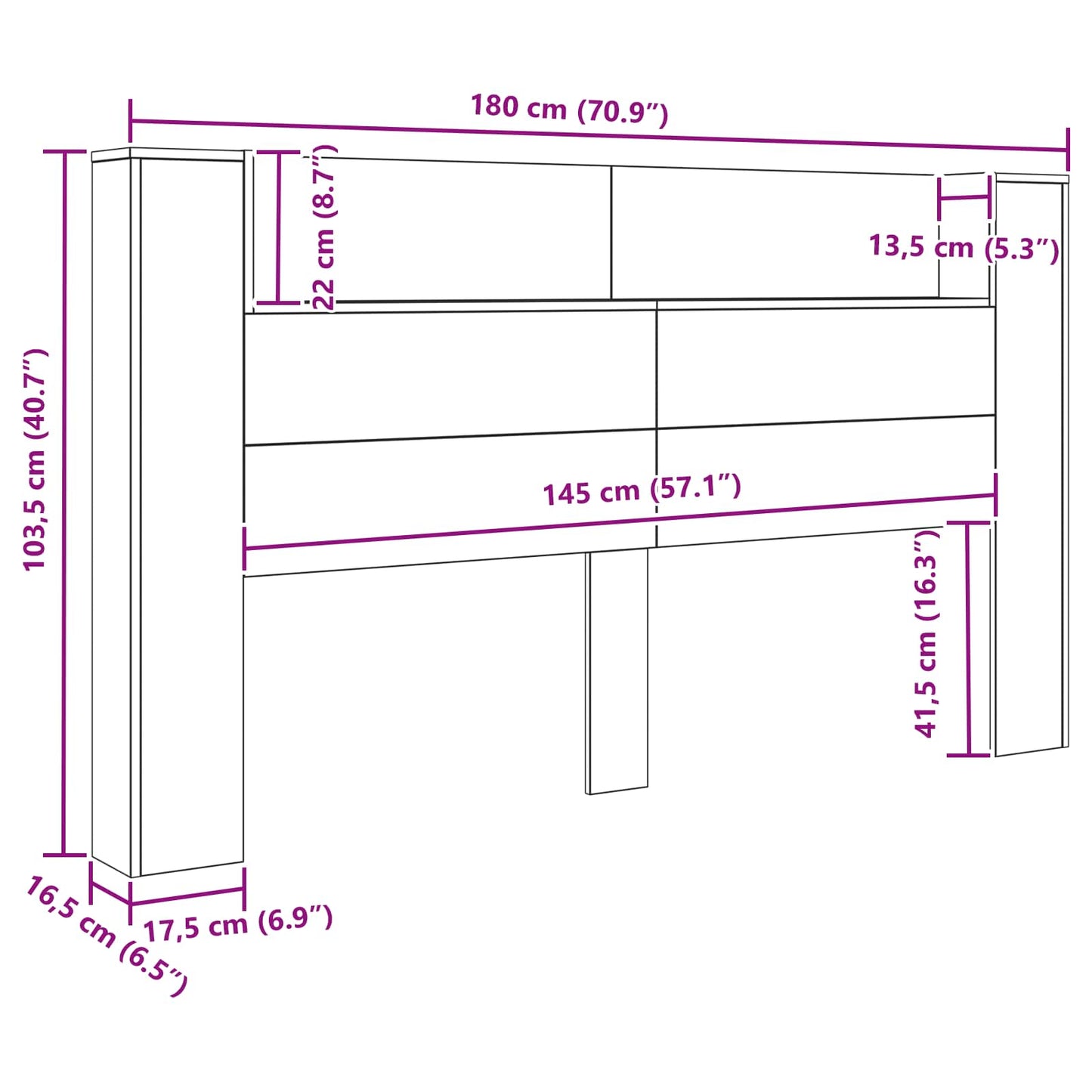 vidaXL Headboard Cabinet with LED Artisian Oak 180 x 16.5 x 103.5 cm