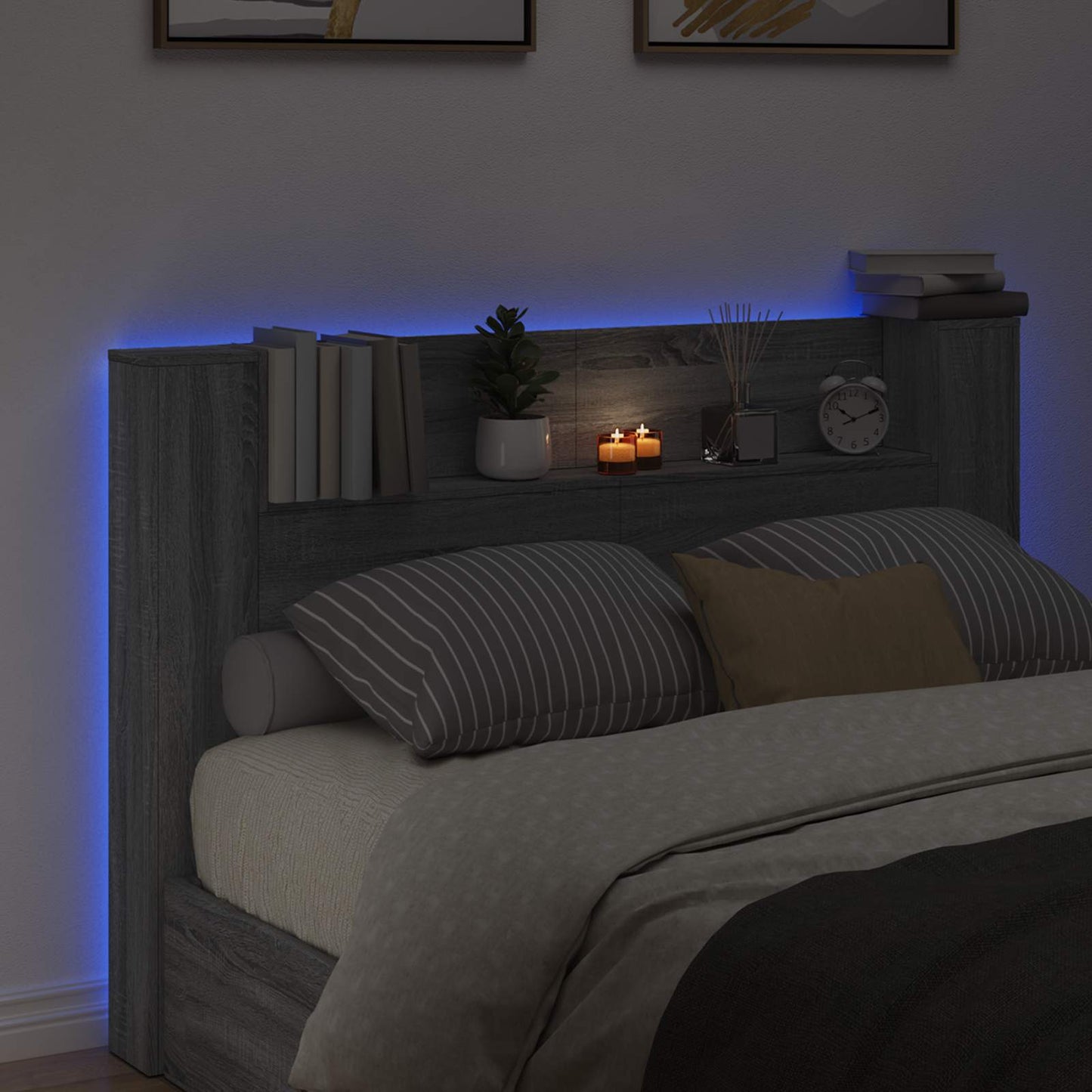 vidaXL Headboard Cabinet with LED Grey Sonoma 160 x 16.5 x 103.5 cm