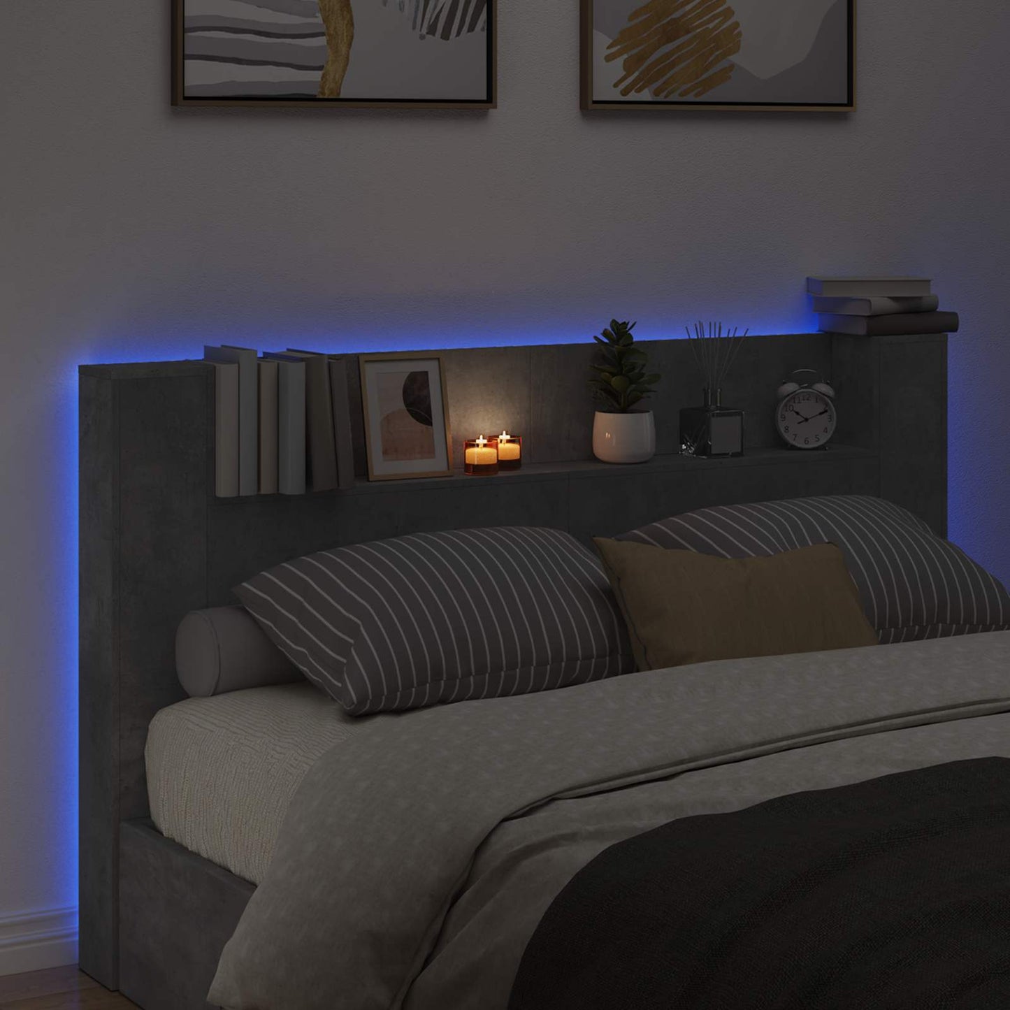 vidaXL Headboard Cabinet with LED Concrete 180 x 16.5 x 103.5 cm