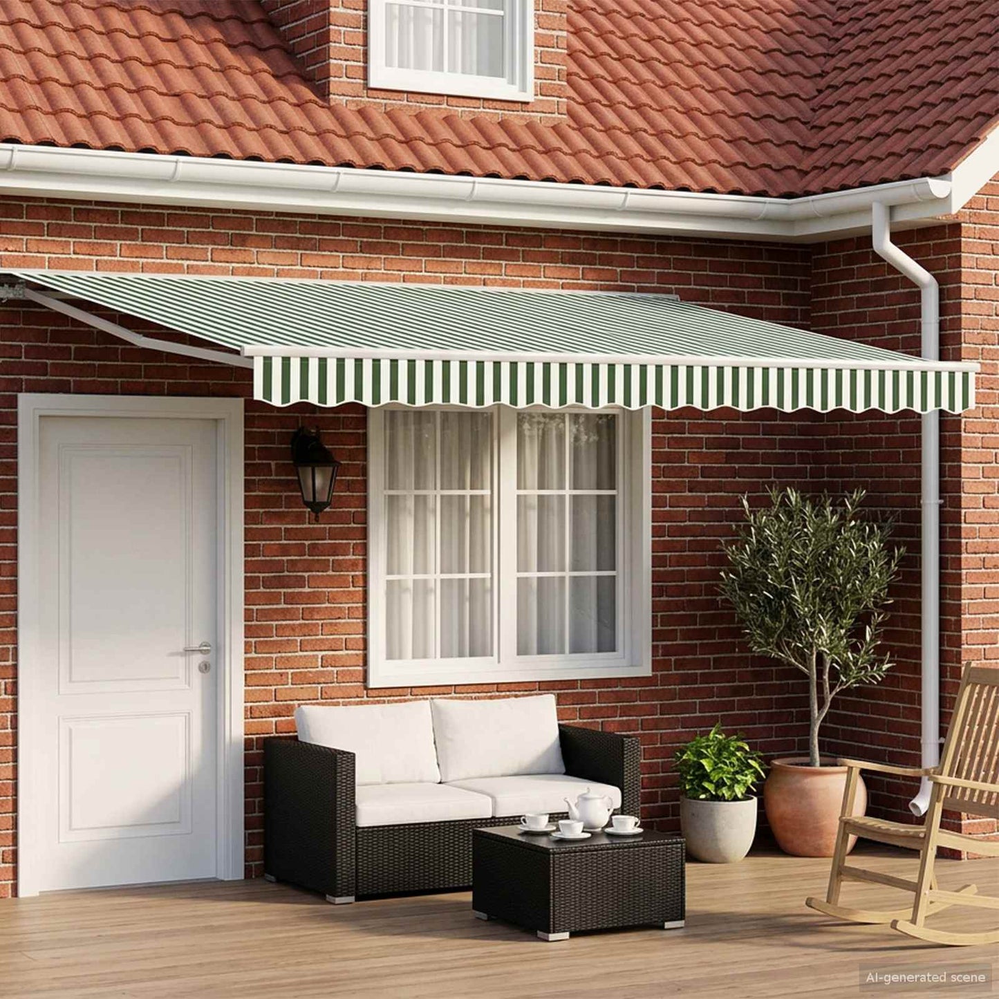 vidaXL Manual Retractable Awning Green and White 5 x 3 m