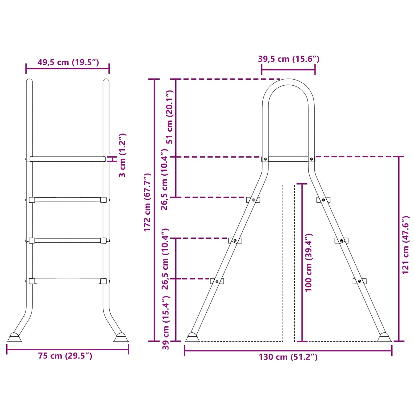 vidaXL Above Ground Pool Ladder 100 cm 3-Step Stainless Steel 304