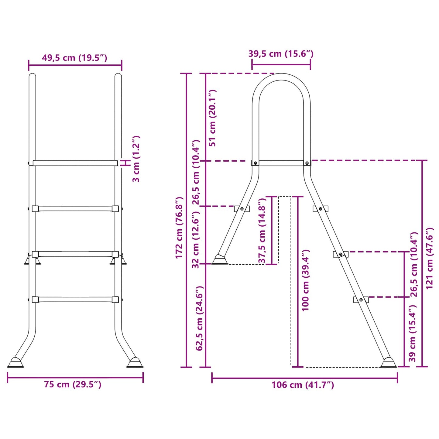 vidaXL Partially in-Ground Pool Ladder 172 x 106 cm 3-Step