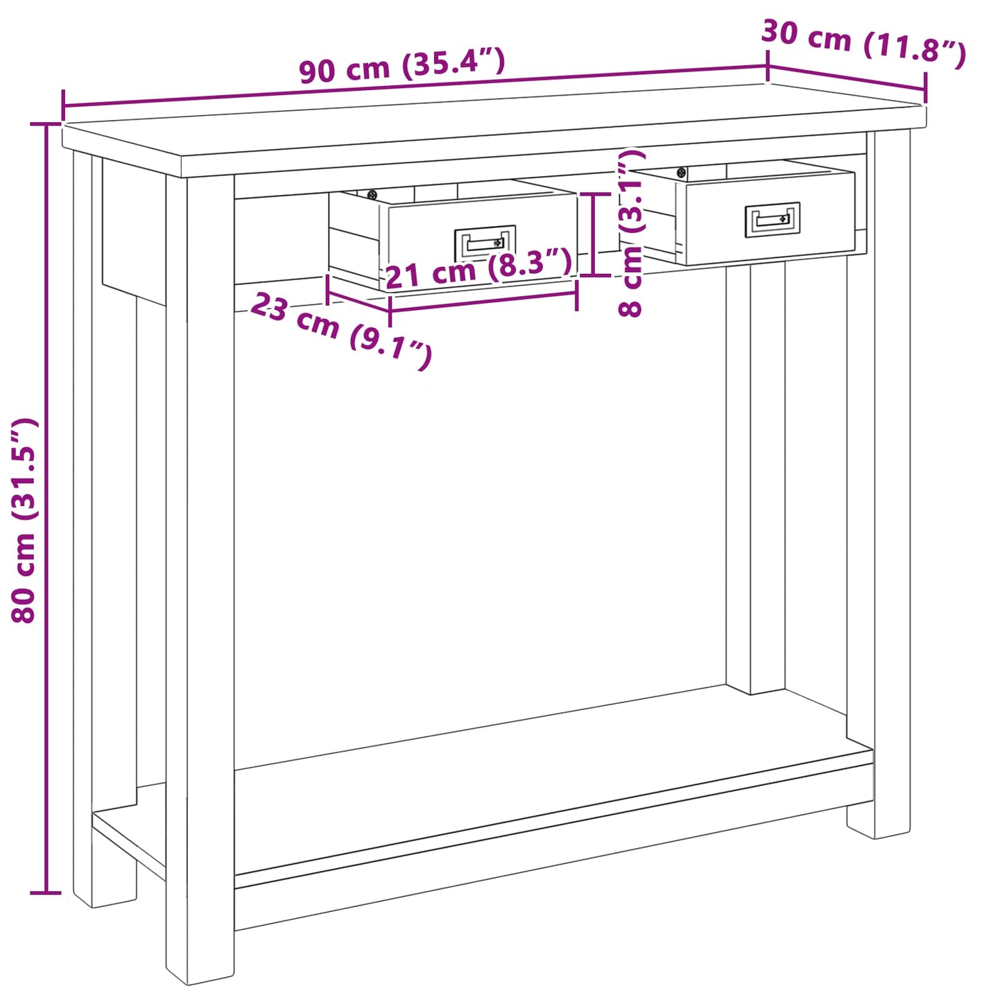 vidaXL Console Table Natural 90 x 30 x 80 cm Solid Teak Wood