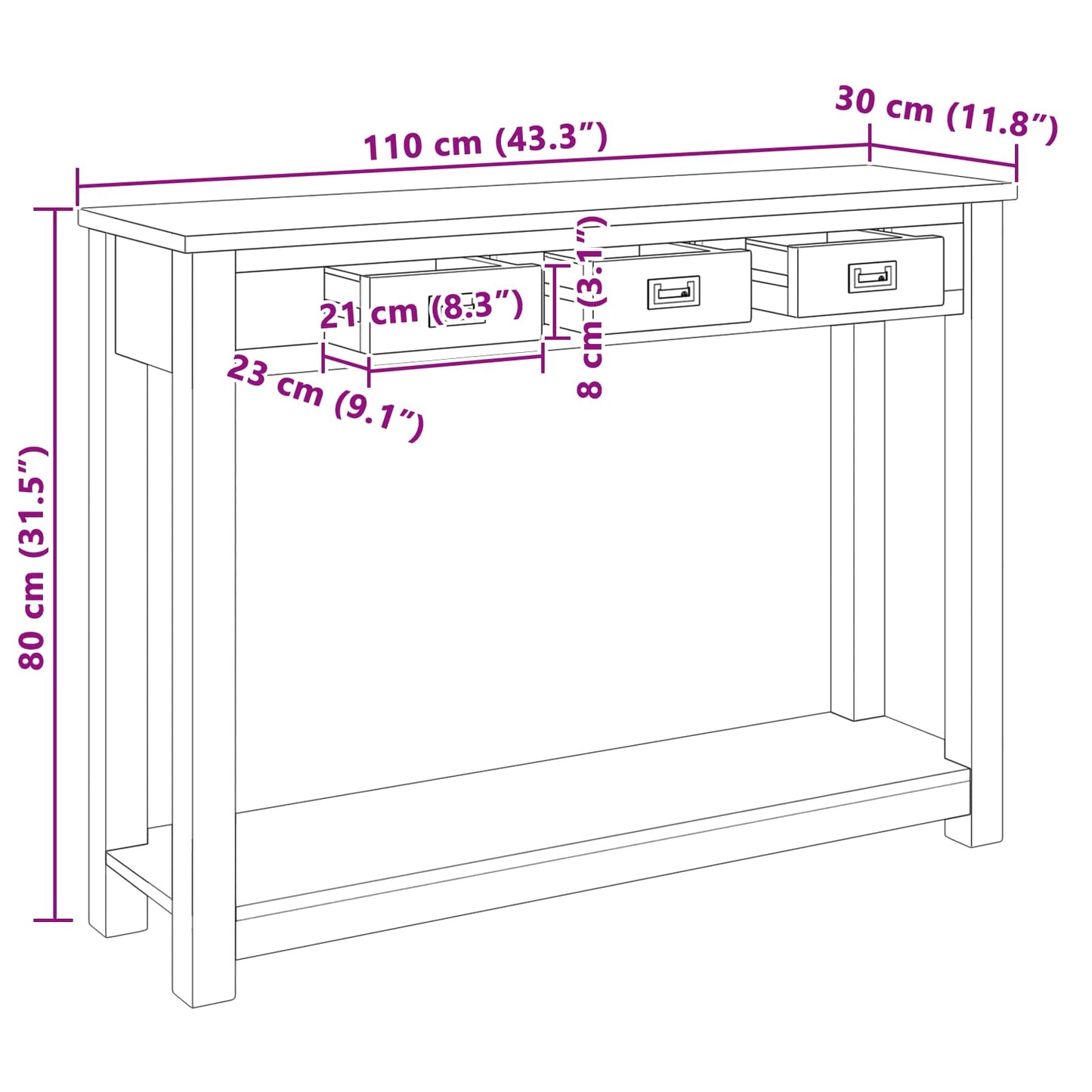 vidaXL Console Table Natural 110 x 30 x 80 cm Solid Teak Wood