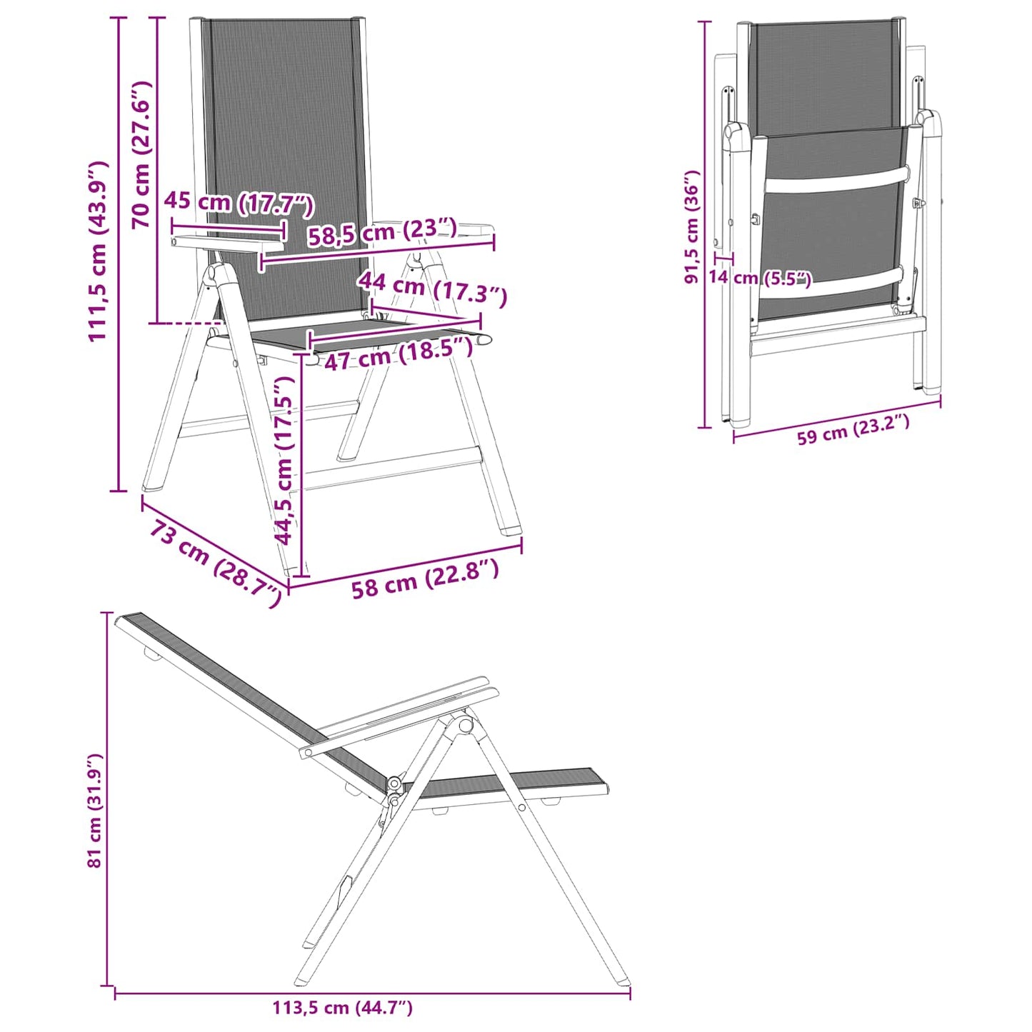 vidaXL Reclining Garden Chairs 2 pcs Black 58 x 73 x 111.5 cm