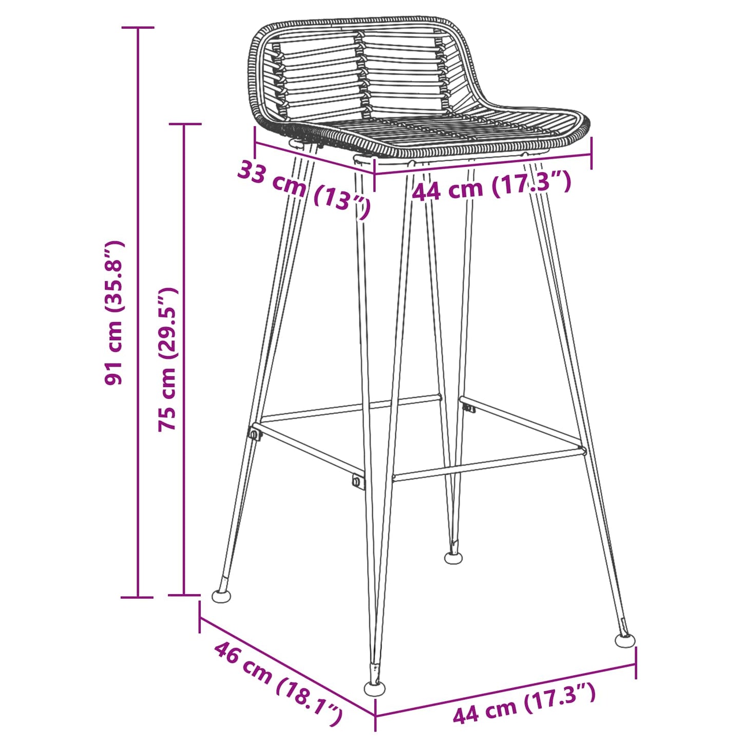 vidaXL Bar Chair 44 x 46 x 91 cm Rod Iron Dia, 10mm