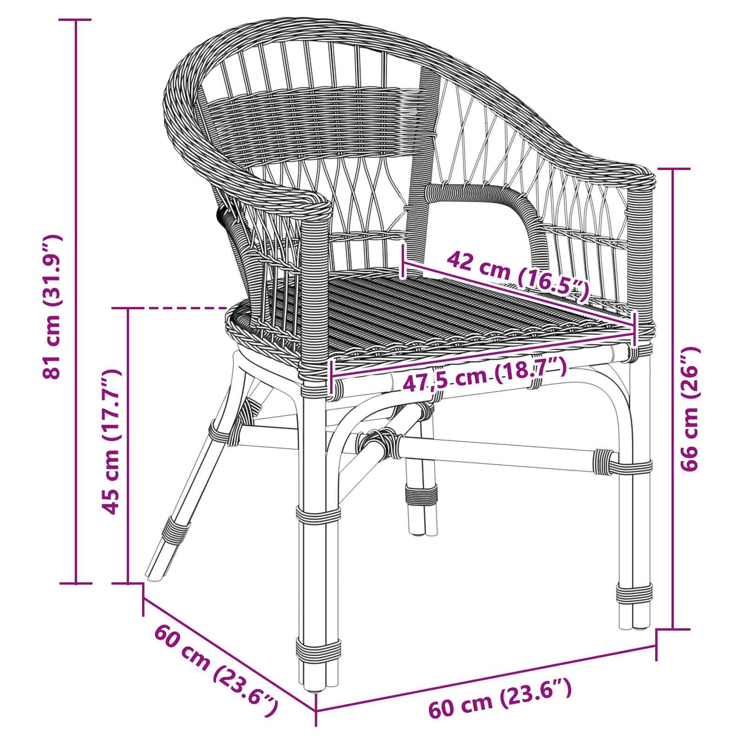 vidaXL Stacking Chair Black 60 x 60 x 81 cm Rattan