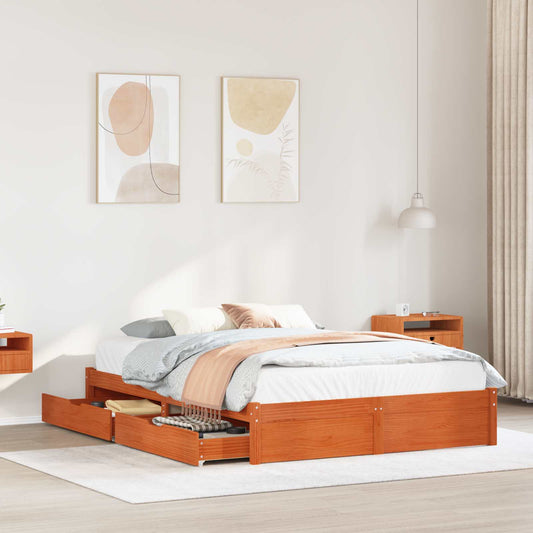 vidaXL Bed Frame with Drawer Wax Brown 140 x 200 cm Solid Pine Wood