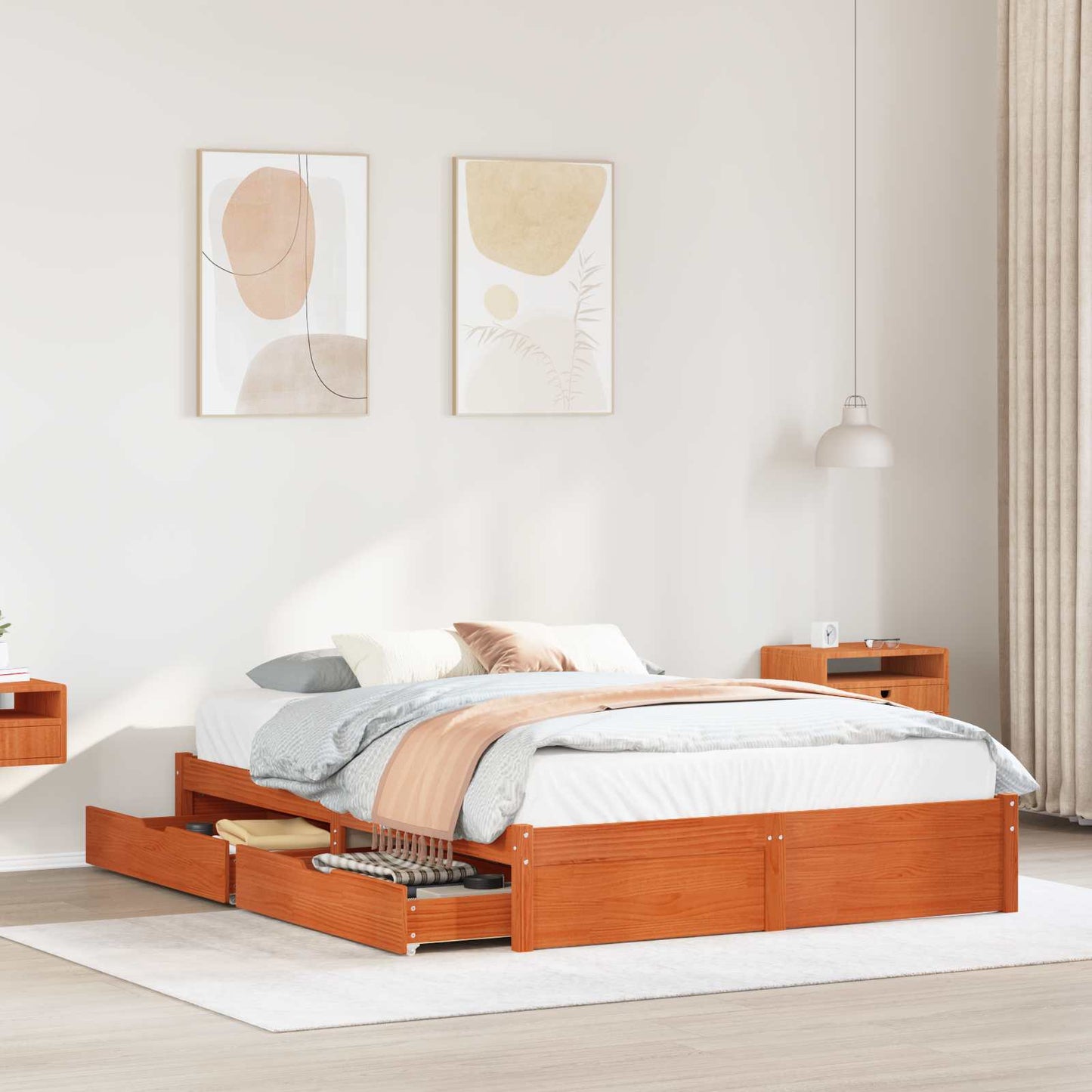 vidaXL Bed Frame with Drawer Wax Brown 150 x 200 cm Solid Pine Wood