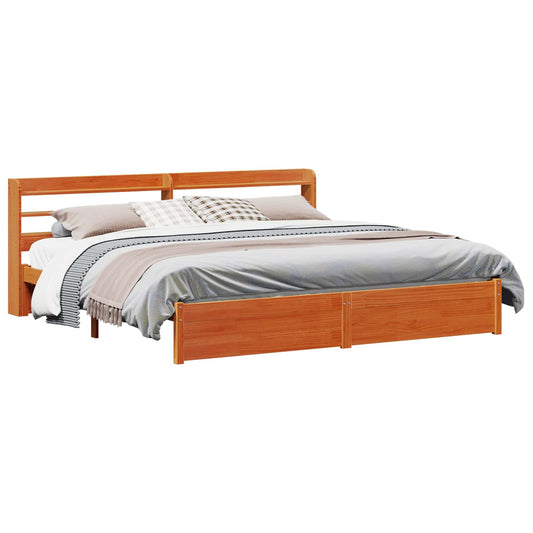 vidaXL Bed Frame with Headboard Wax Brown 200 x 200 cm Solid Pine Wood