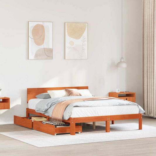 vidaXL Bed Frame with Headboard 3 pcs Wax Brown Solid Pine Wood