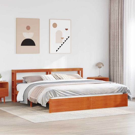 vidaXL Bed Frame with Headboard Wax Brown 200 x 200 cm Solid Pine Wood