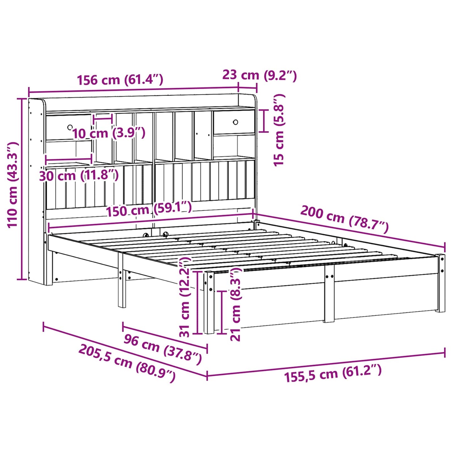 vidaXL Bookcase Bed Frame Wax Brown 200 x 150 cm Solid Pine Wood