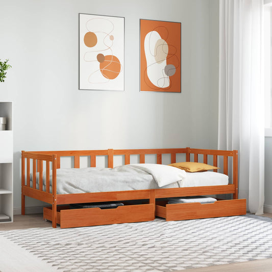 vidaXL Daybed with Drawer with Wheel 3 pcs Wax Brown Solid Pine Wood