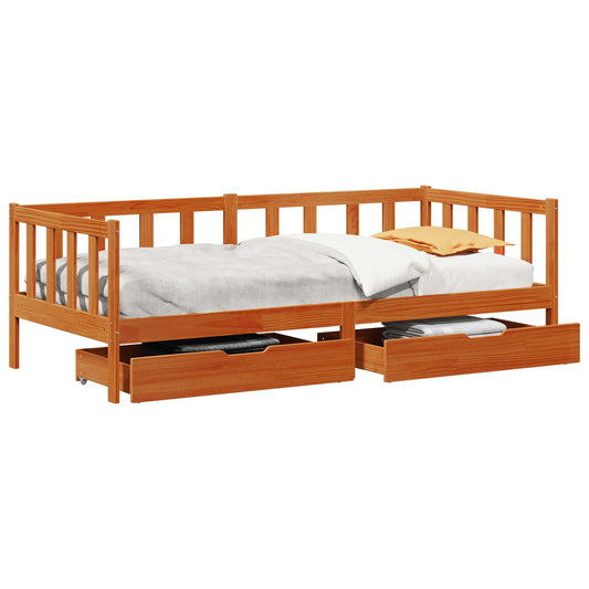 vidaXL Daybed with Drawer with Wheel 3 pcs Wax Brown Solid Pine Wood
