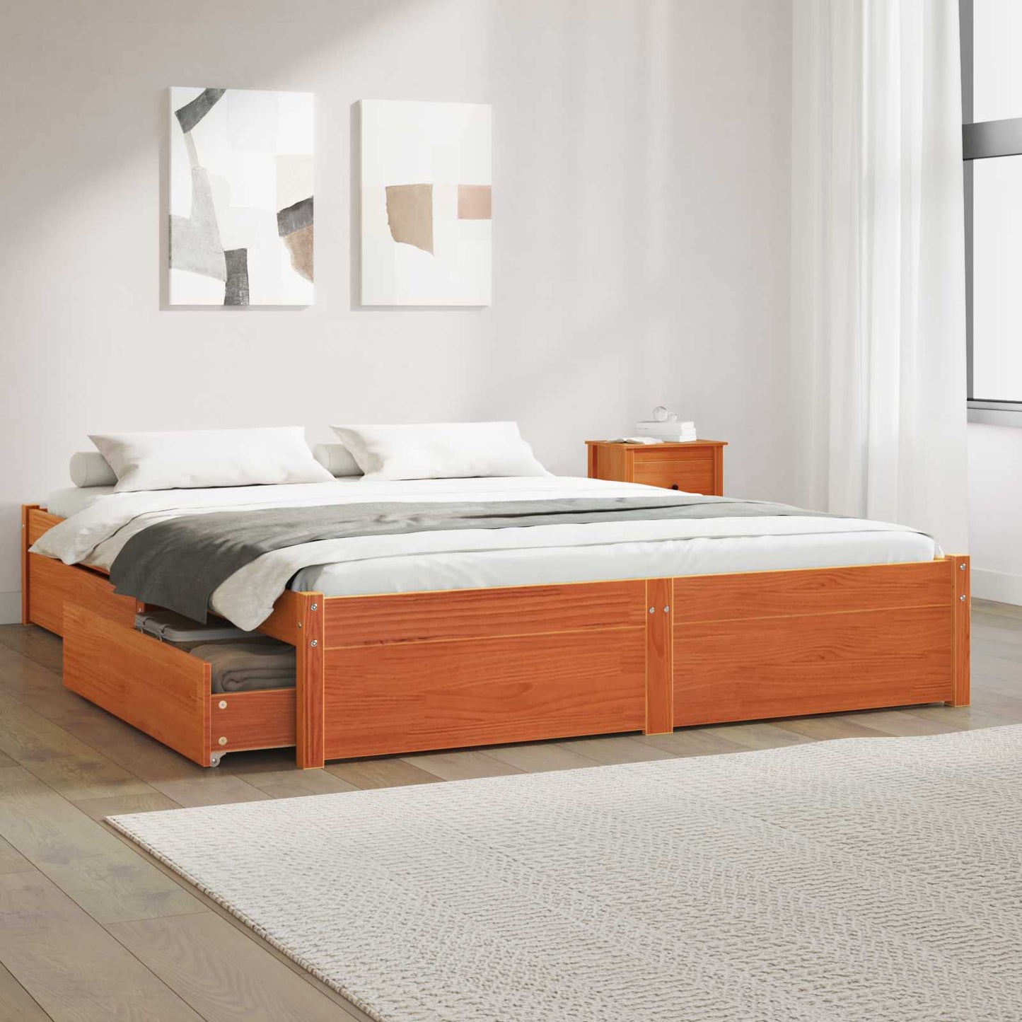 vidaXL Bed Frame with Drawer Wax Brown 150 x 200 cm Solid Pine Wood