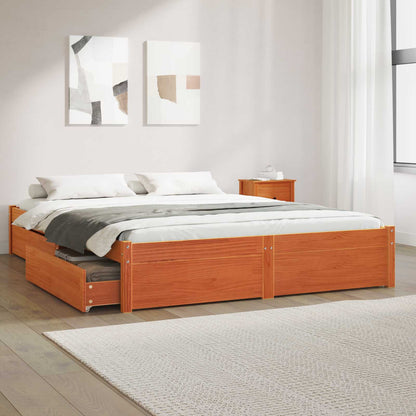 vidaXL Bed Frame with Drawer Wax Brown 150 x 200 cm Solid Pine Wood