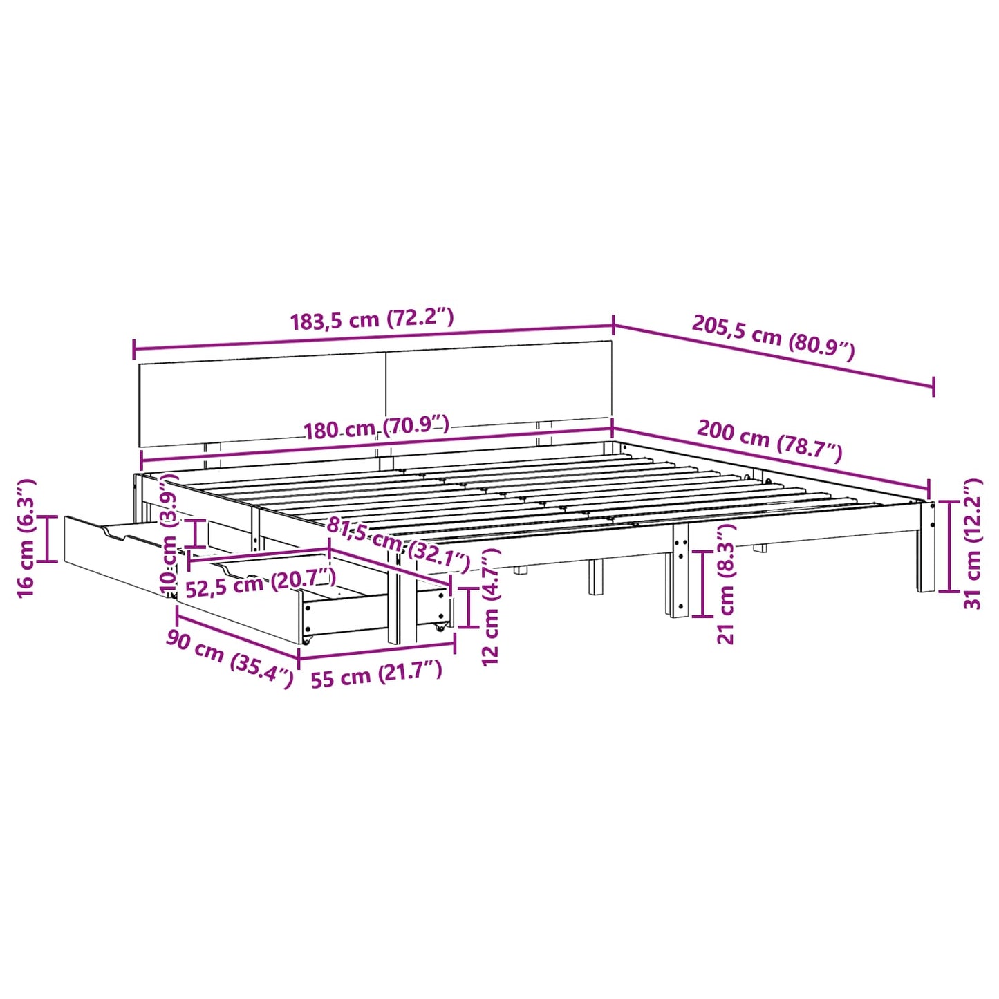 vidaXL Bed Frame with Headboard Wax Brown 180 x 200 cm Solid Pine Wood