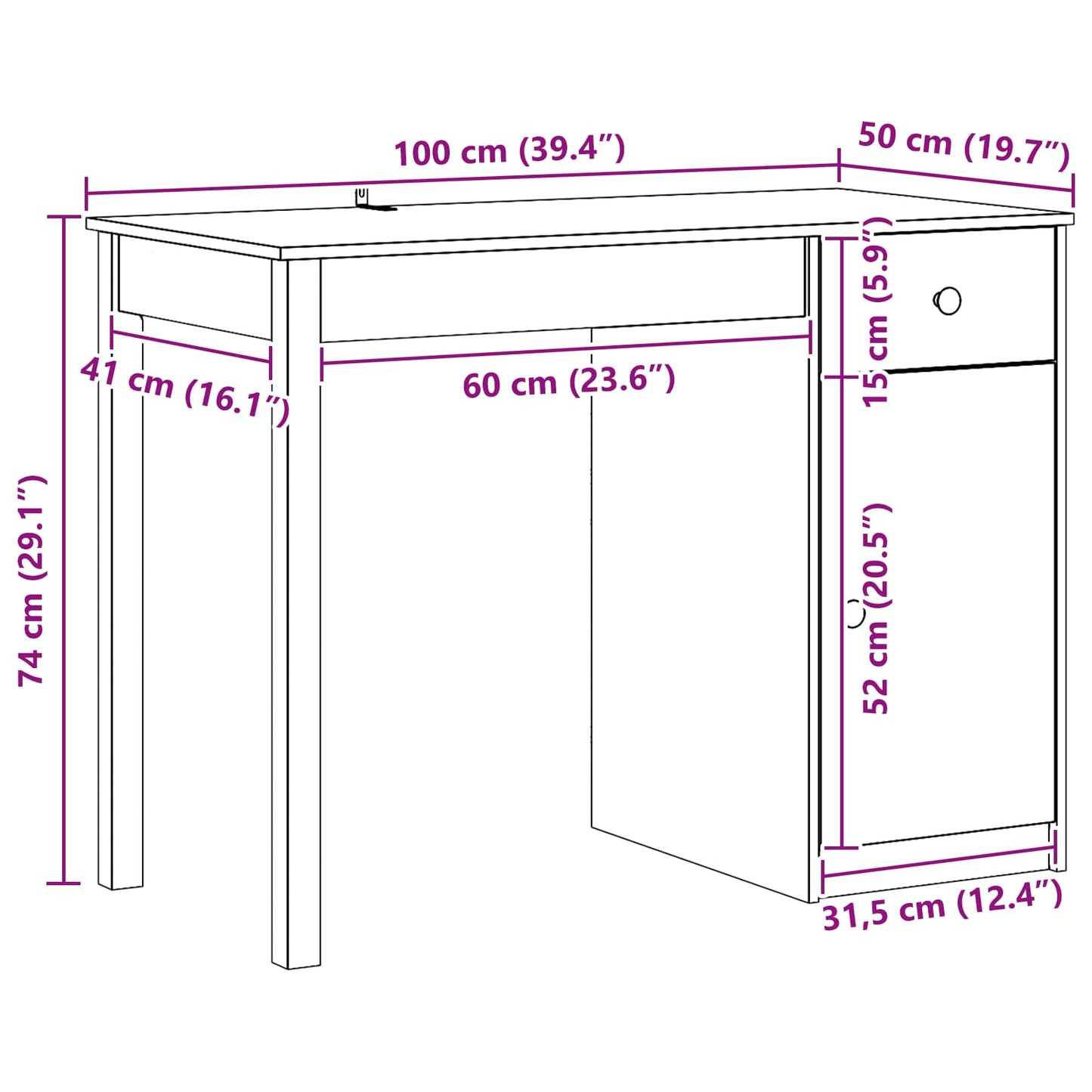 vidaXL Desk with Drawer Wax Brown 100 x 50 x 74 cm Solid Pine Wood