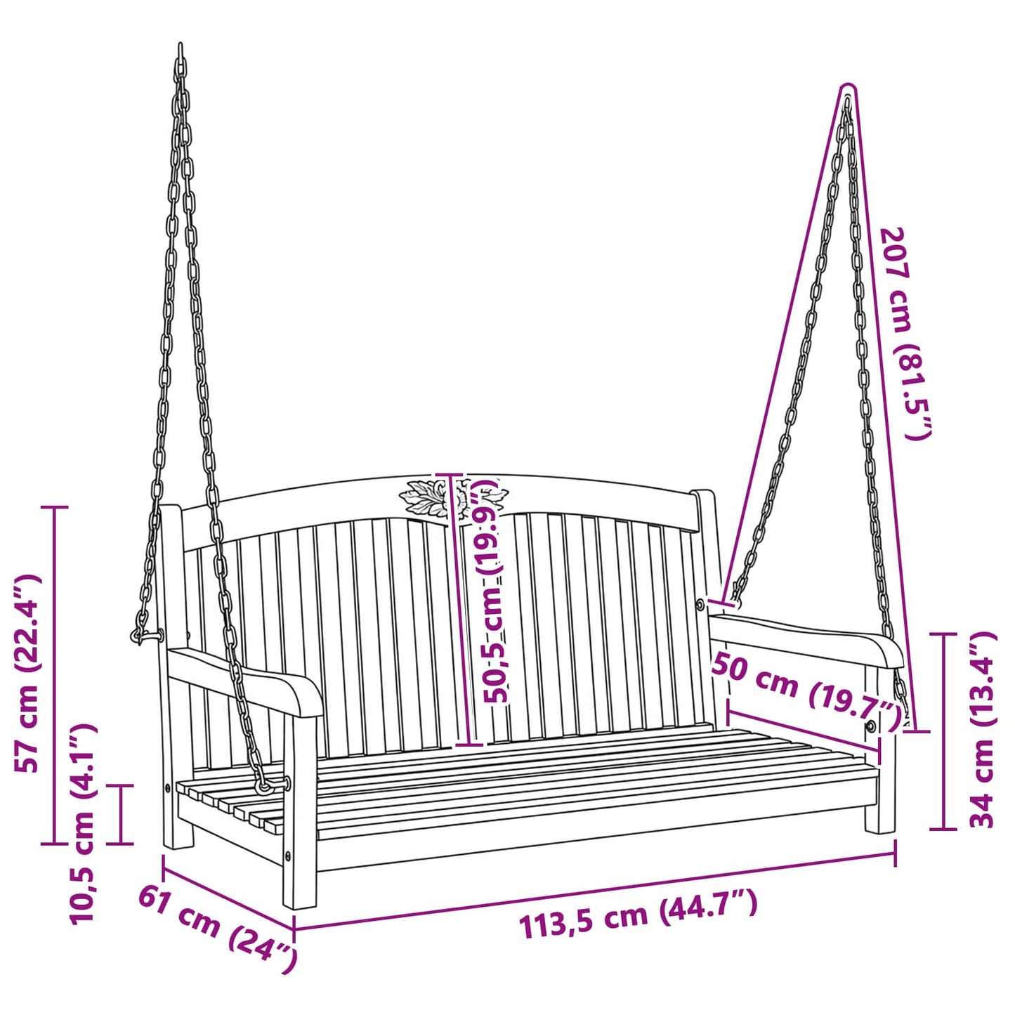 vidaXL Swing Bench 114 x 61 x 61.5 cm Solid Teak Wood Natural