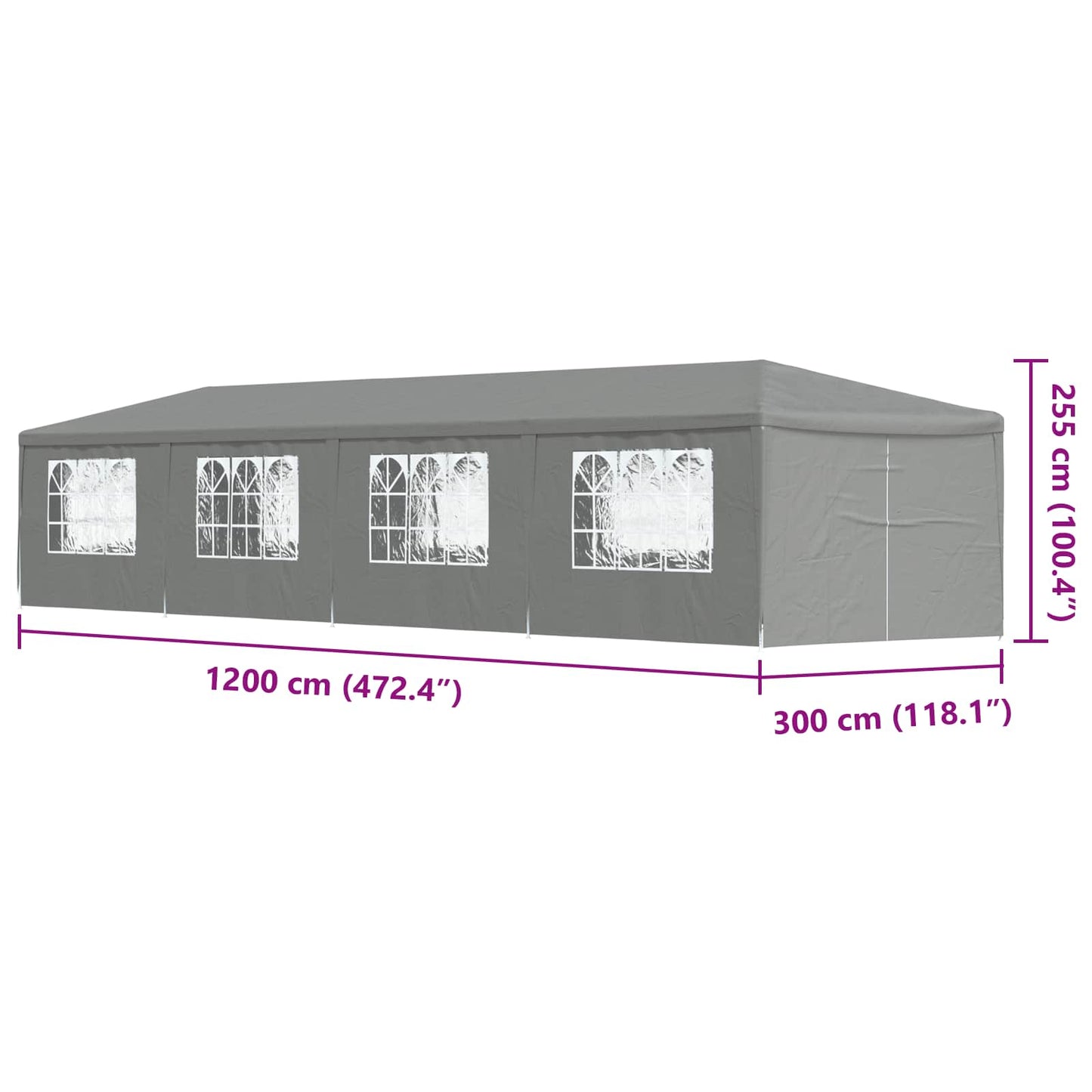 vidaXL Party Tent 1200 x 300 x 255 cm Light Grey PE and Steel