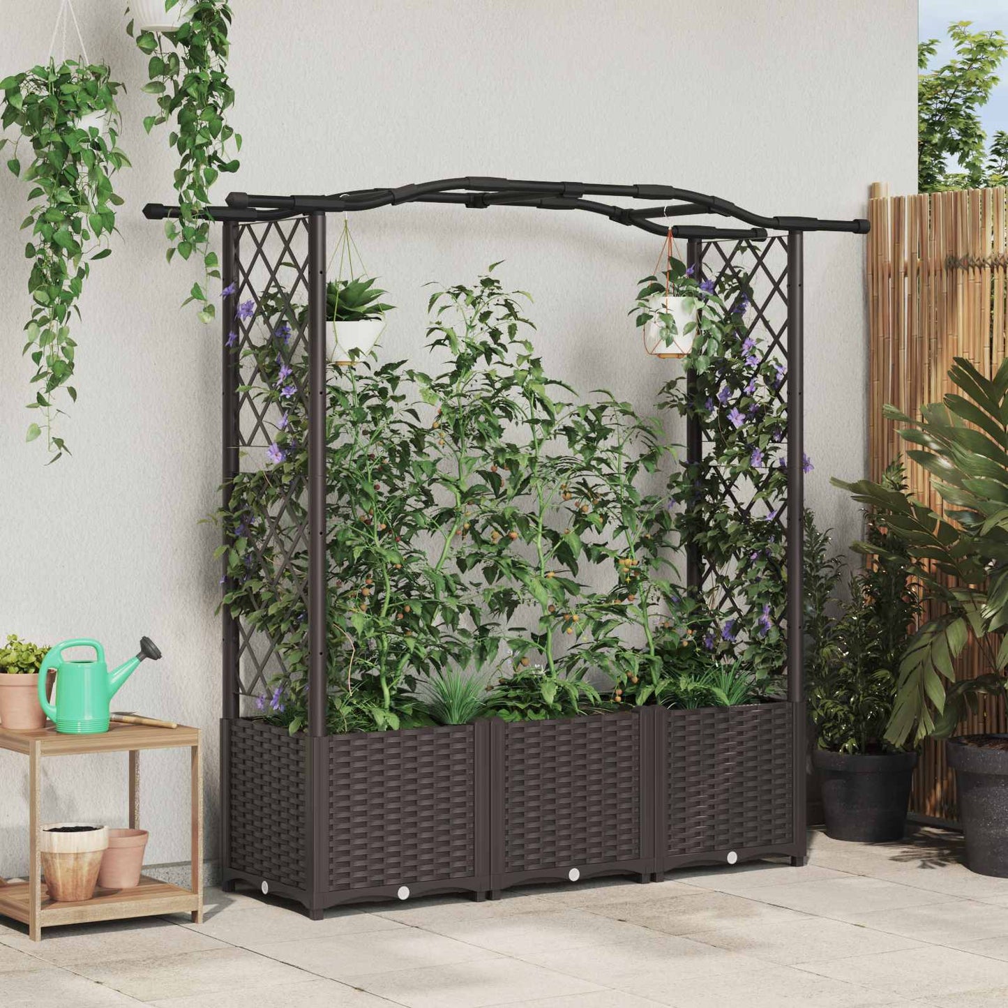 vidaXL Raised Bed with Trellis and Roof Brown 164 x 40 x 142 cm PP