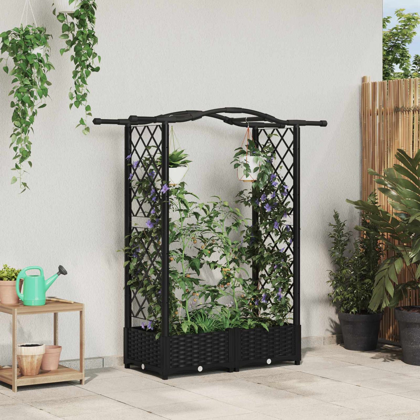 vidaXL Raised Bed with Trellis and Roof Black 124 x 40 x 125 cm PP