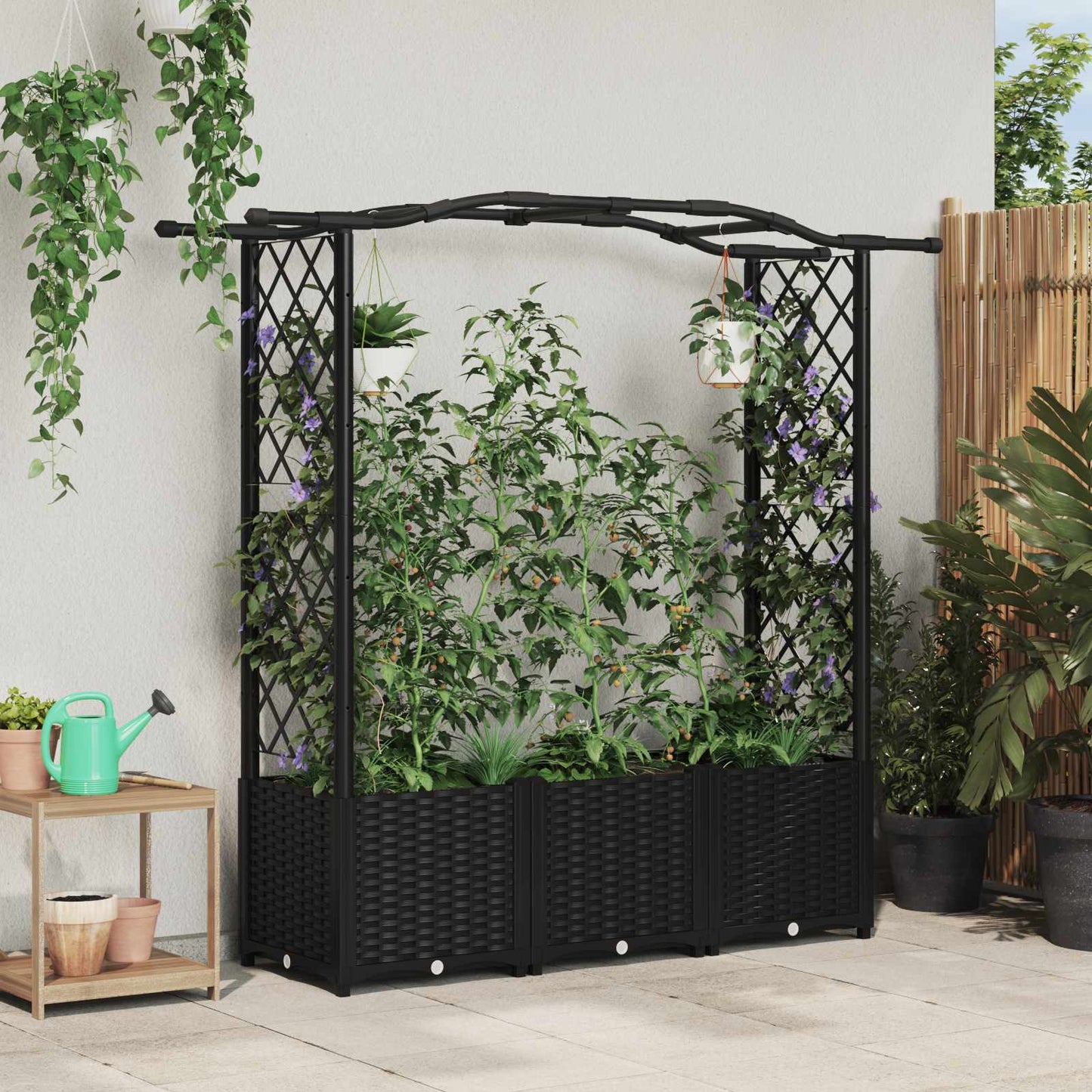vidaXL Raised Bed with Trellis and Roof Black 164 x 40 x 142 cm PP