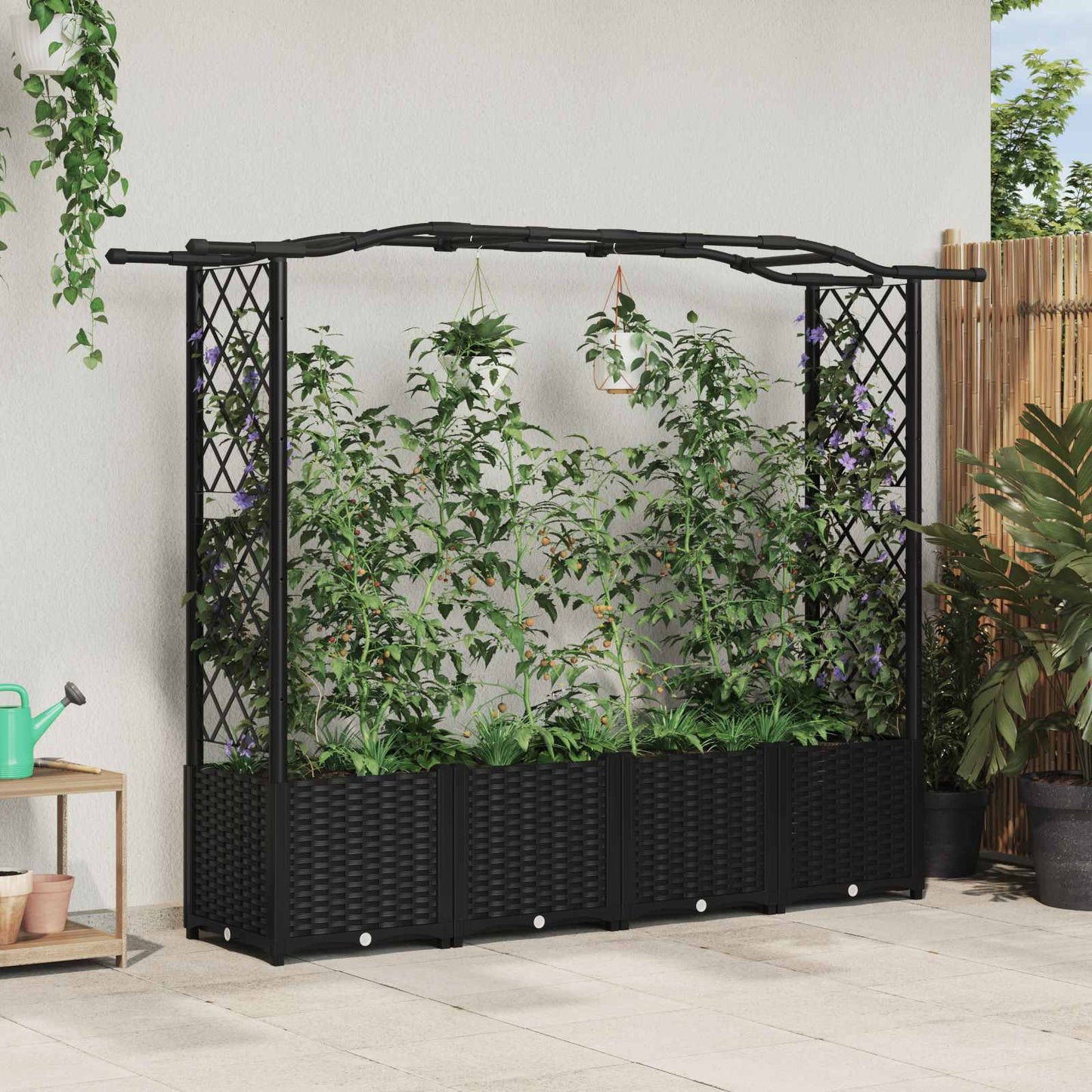 vidaXL Raised Bed with Trellis and Roof Black 204 x 40 x 141 cm PP