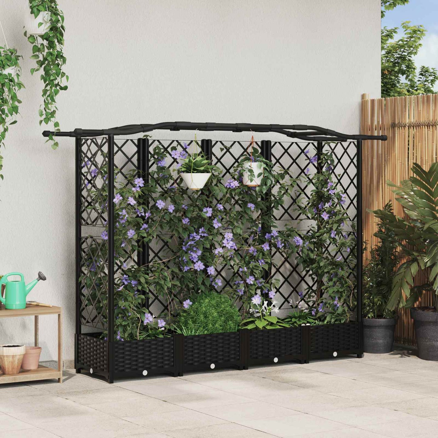 vidaXL Raised Bed with Trellis and Roof Black 203.5 x 40 x 123 cm PP