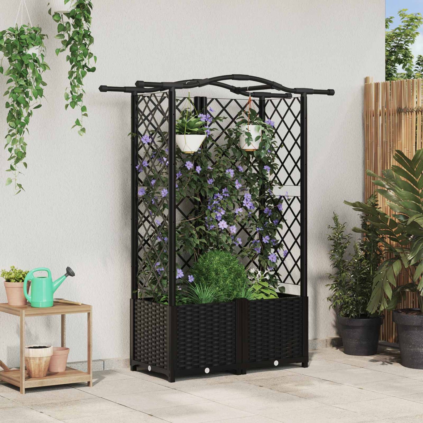 vidaXL Raised Bed with Trellis and Roof Black 122 x 40 x 141 cm PP
