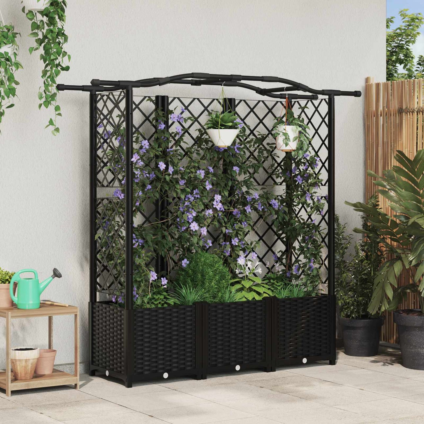 vidaXL Raised Bed with Trellis and Roof Black 163 x 40 x 138 cm PP