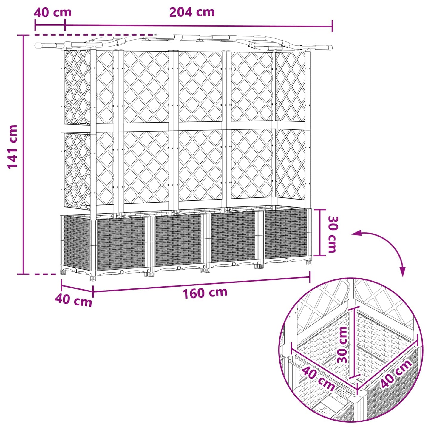 vidaXL Raised Bed with Trellis and Roof Black 204 x 40 x 141 cm PP