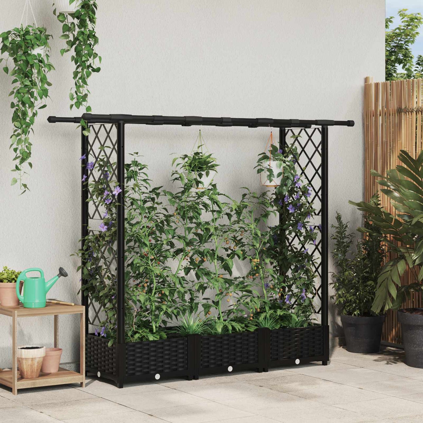 vidaXL Raised Bed with Trellis and Roof Black 164 x 40 x 123 cm PP