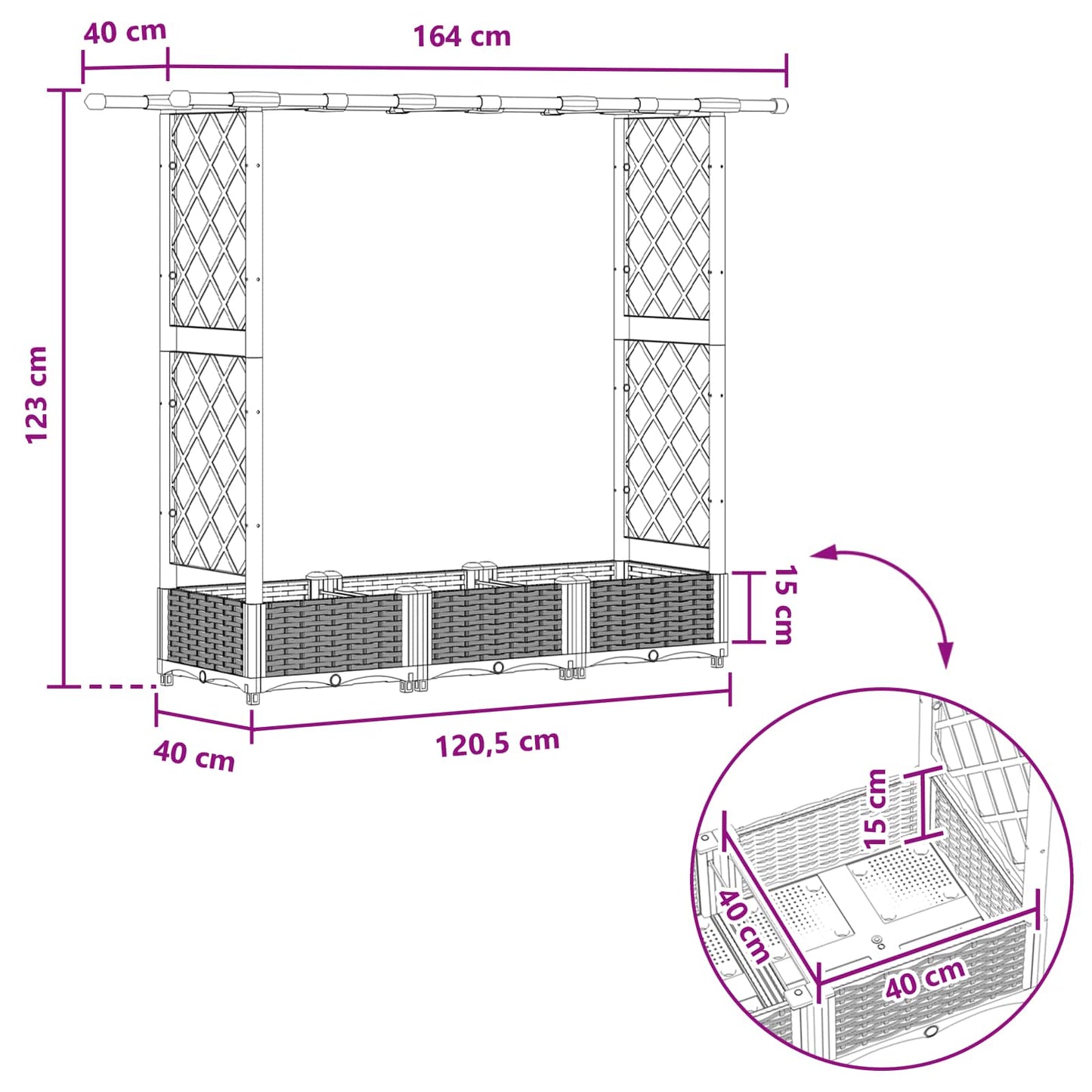 vidaXL Raised Bed with Trellis and Roof Black 164 x 40 x 123 cm PP
