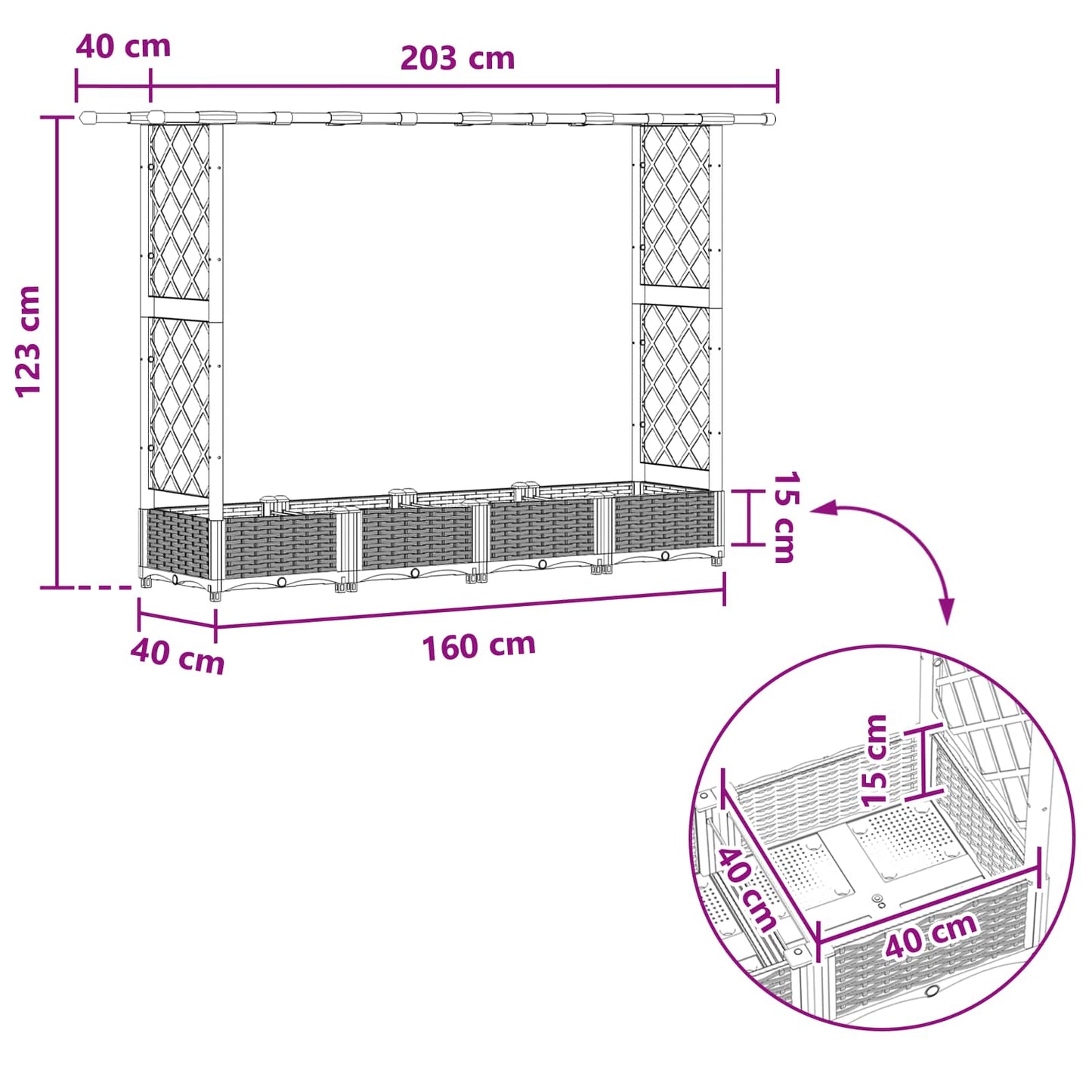 vidaXL Raised Bed with Trellis and Roof Black 203 x 40 x 123 cm PP