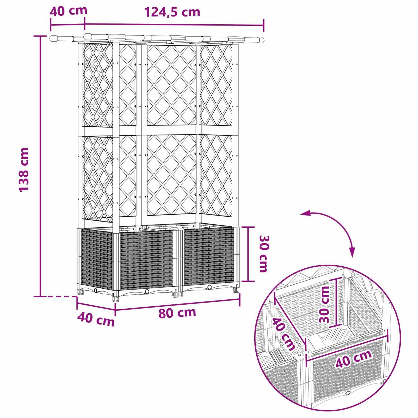 vidaXL Raised Bed with Trellis and Roof Black 124.5 x 40 x 138 cm PP