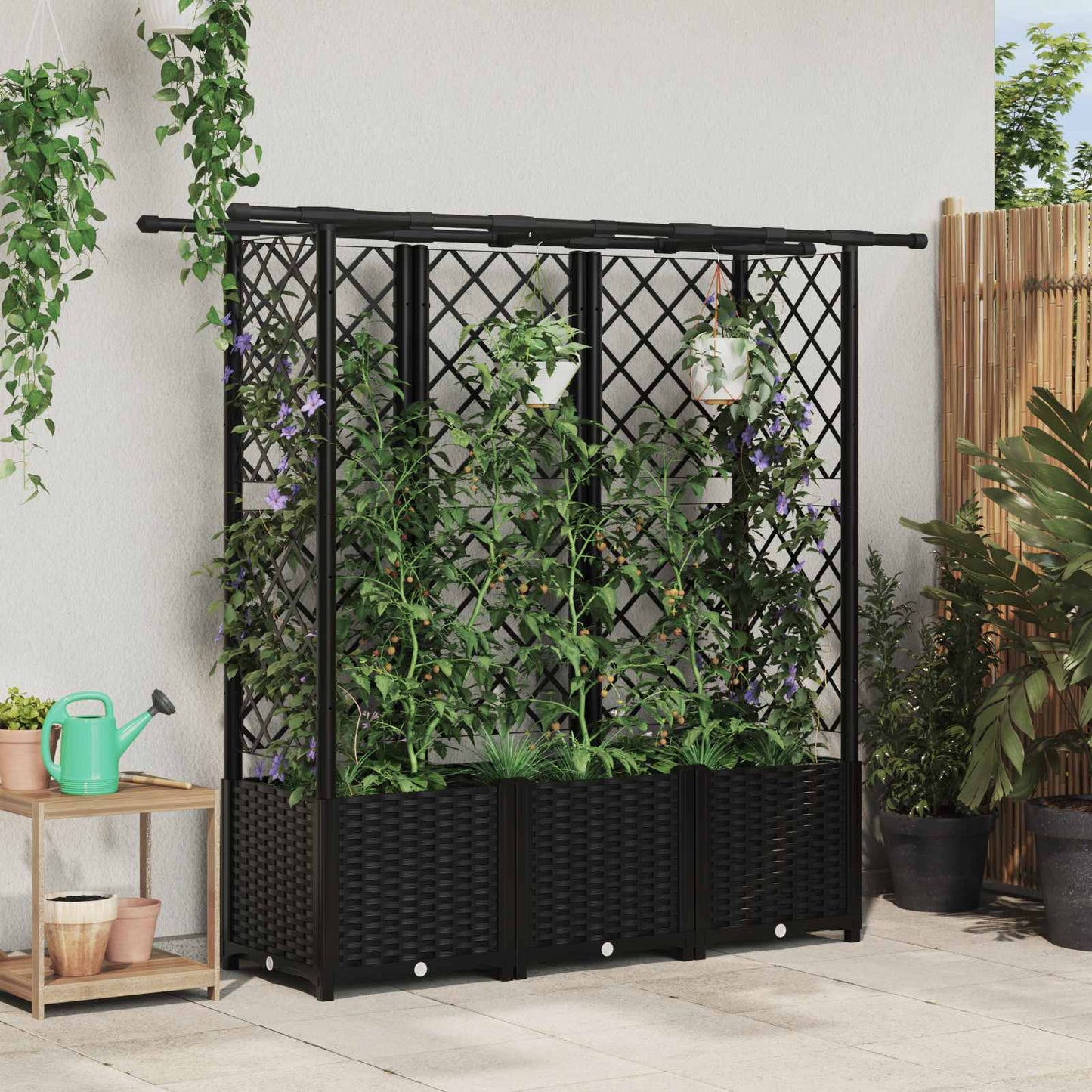 vidaXL Raised Bed with Trellis and Roof Black 162.5 x 40 x 138 cm PP
