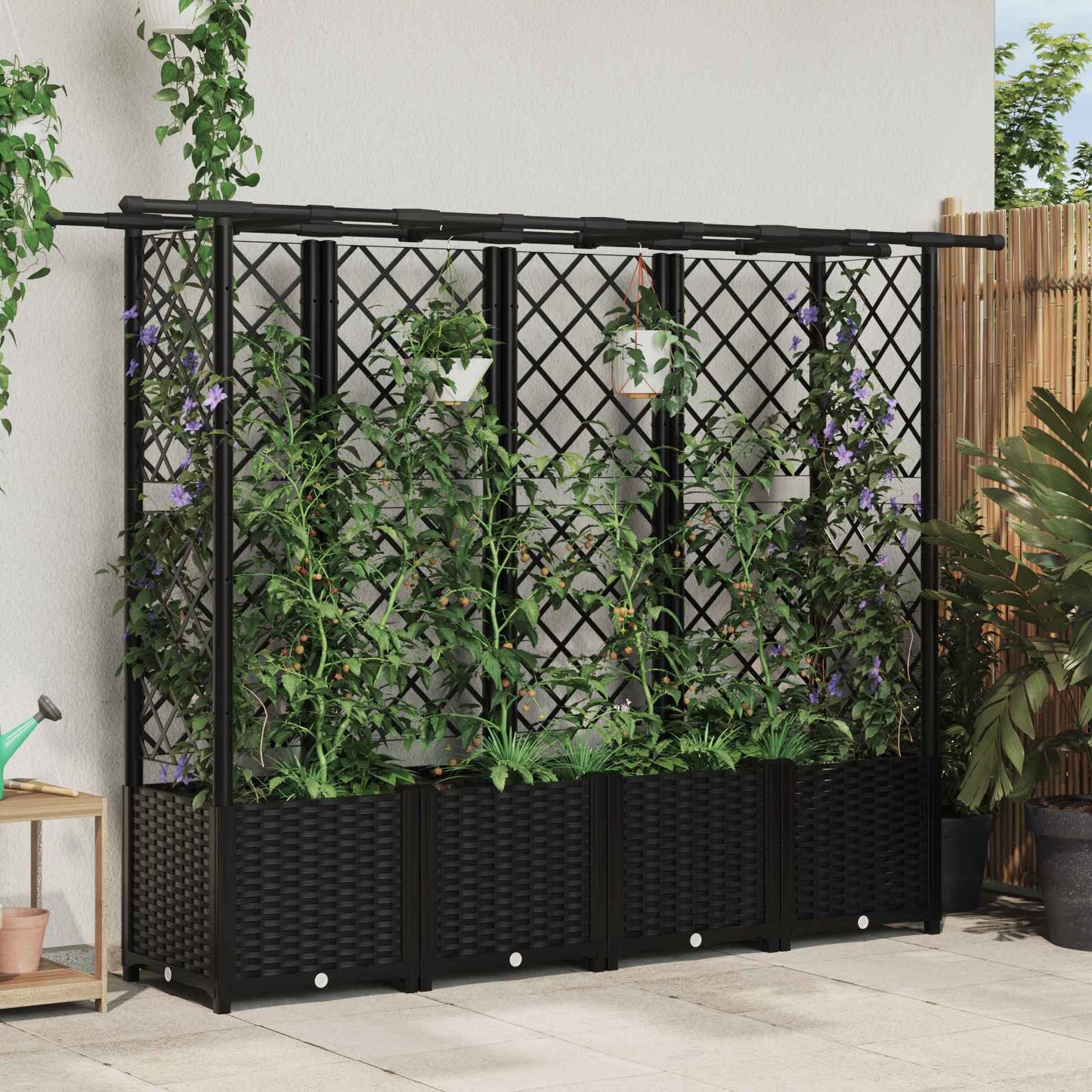 vidaXL Raised Bed with Trellis and Roof Black 203 x 40 x 138 cm PP