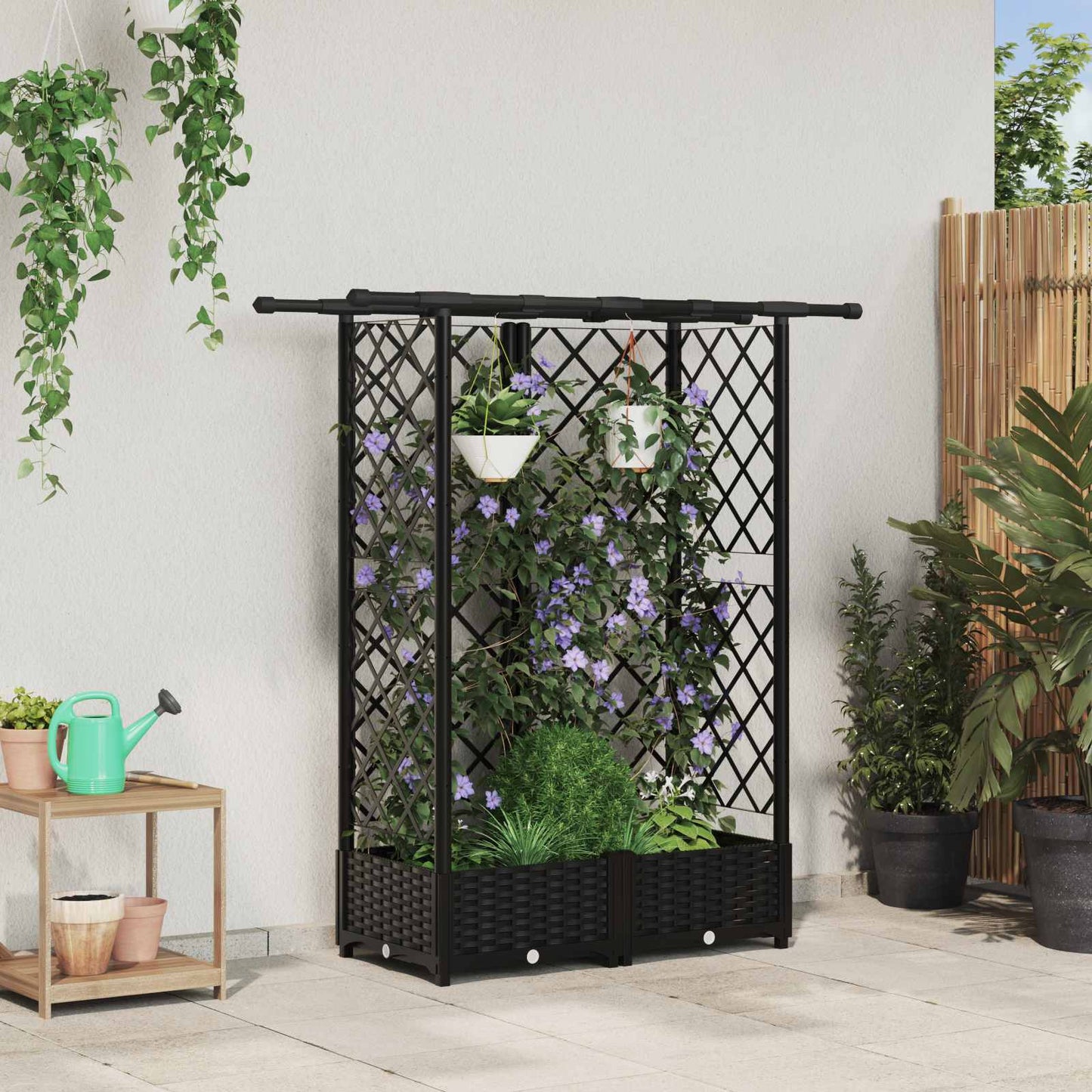 vidaXL Raised Bed with Trellis and Roof Black 124 x 40 x 123 cm PP
