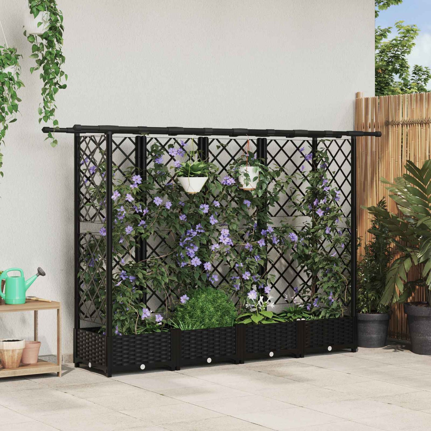 vidaXL Raised Bed with Trellis and Roof Black 202.5 x 40 x 123 cm PP