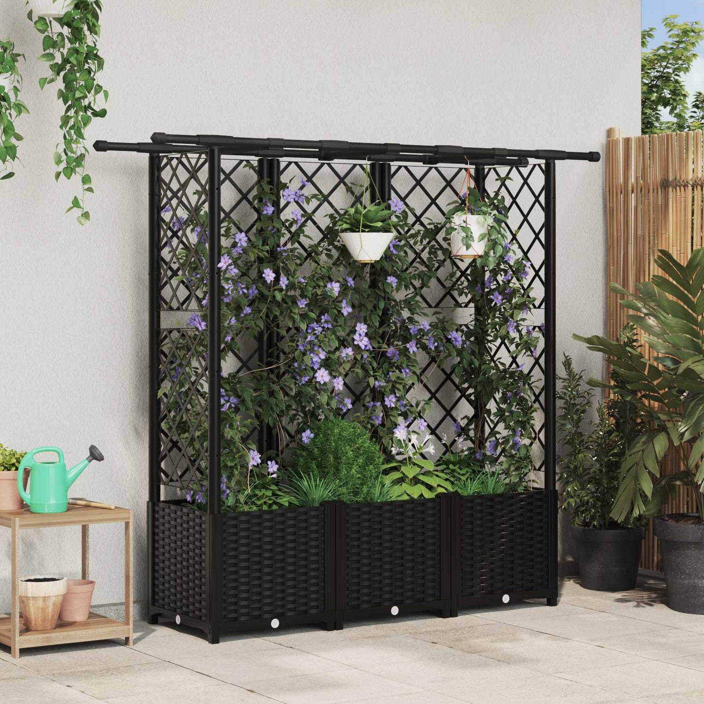 vidaXL Raised Bed with Trellis and Roof Black 163.5 x 40 x 138 cm PP