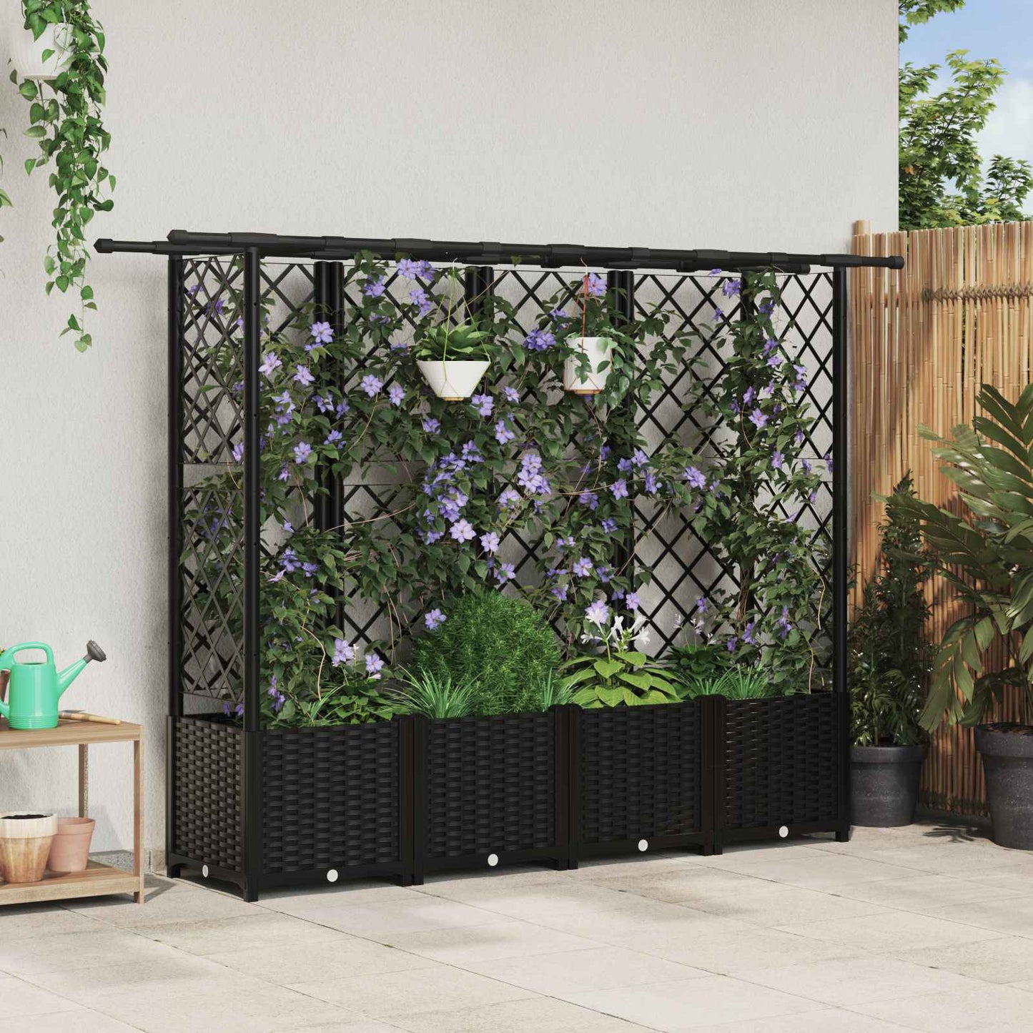 vidaXL Raised Bed with Trellis and Roof Black 202 x 40 x 138 cm PP