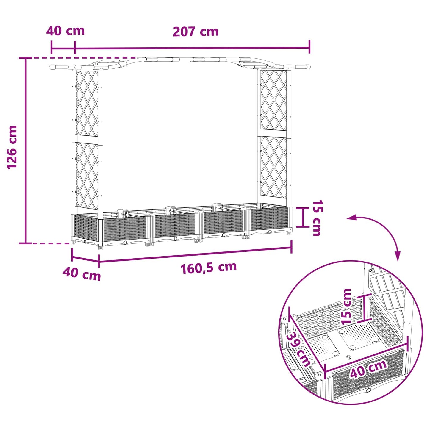 vidaXL Raised Bed with Trellis and Roof Light Grey 207 x 40 x 126 cm